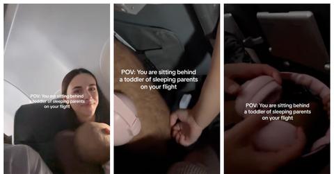 A woman and her boyfriend interact with a toddler on a plane