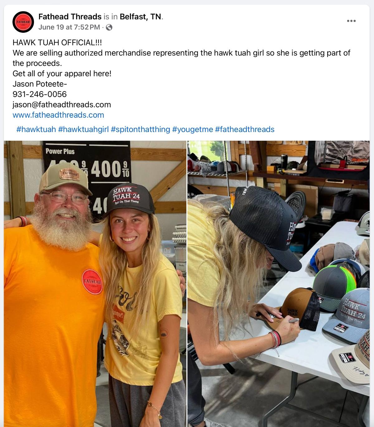 Facebook post of Hawk Tuah Girl Hailey and Jason Poteete of Fathead Threads in Tennessee selling her merch