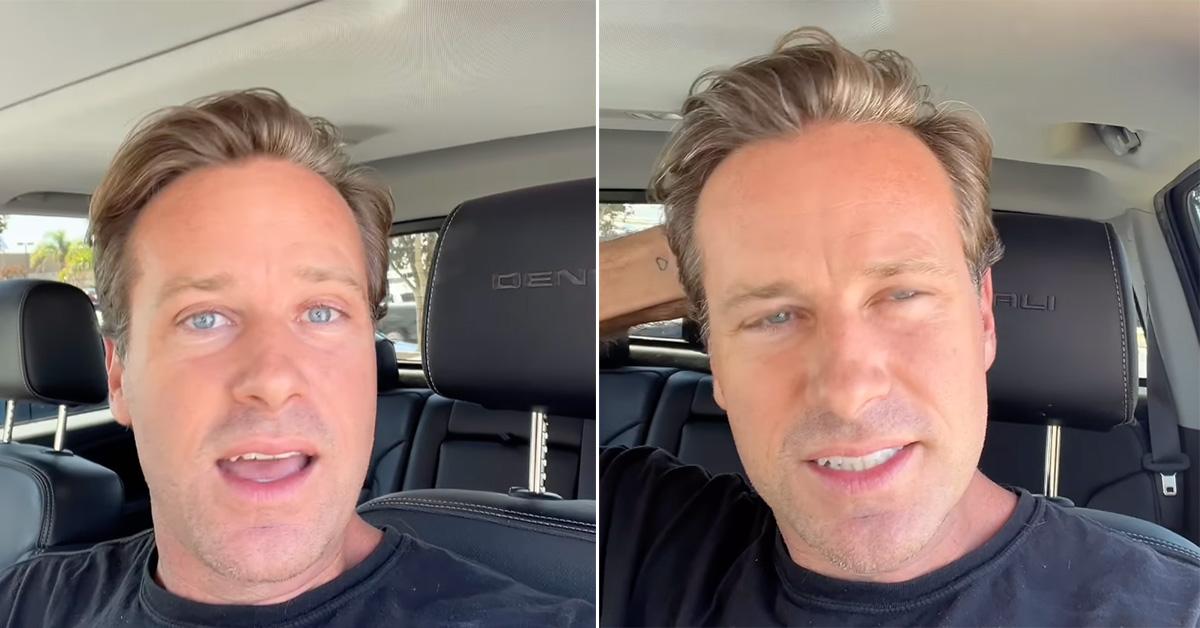 Armie Hammer sitting in his truck in two side-by-side images. 