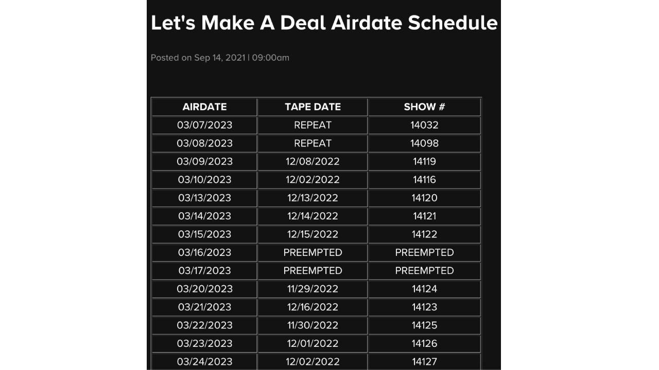 'Let's Make a Deal' airdate schedule