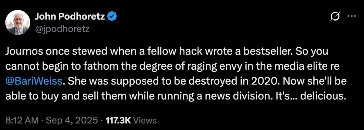 Post to X about Bari Weiss and CBS News