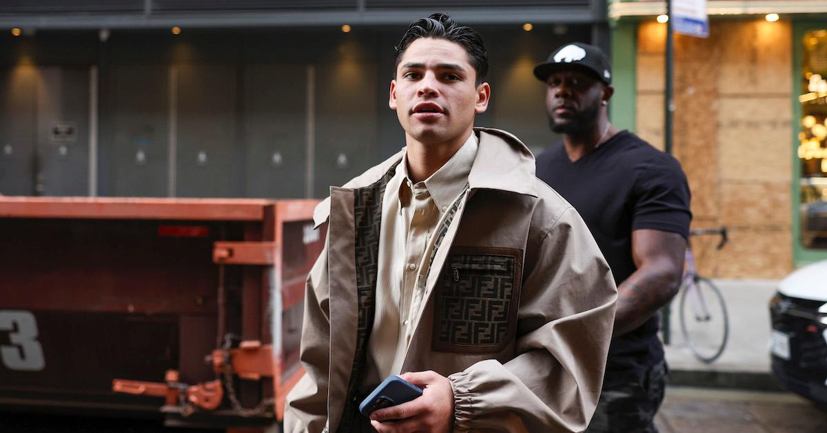 Ryan Garcia arrives prior to during the Ryan Garcia v Devin Haney New York press tour at Palladium Times Square on February 27, 2024 in New York City