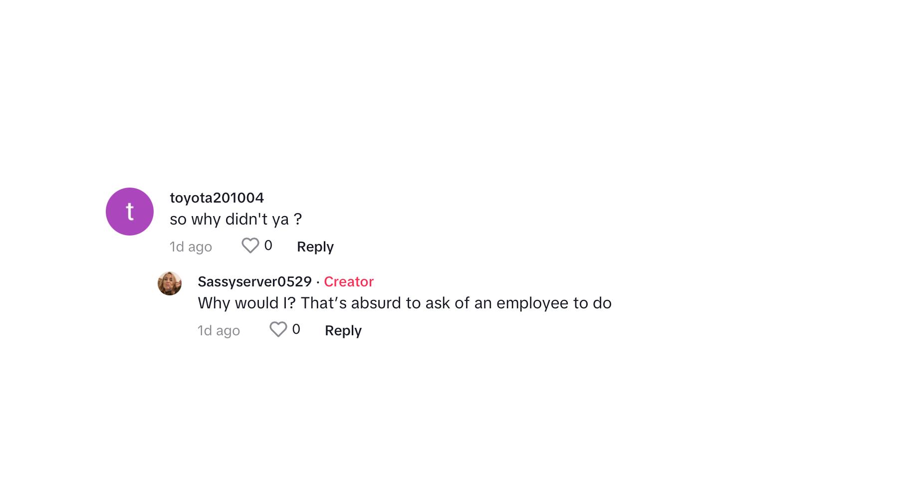 A commenter questions why the waitress didn't give the customer $50