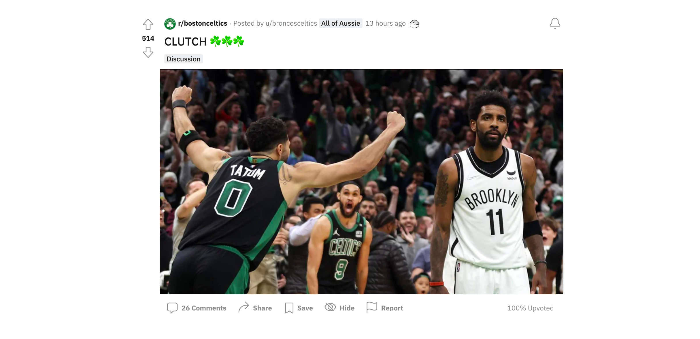 The Celtics subreddit is going crazy after Jayson Tatum scored on Kyrie Irving to win in the final seconds.