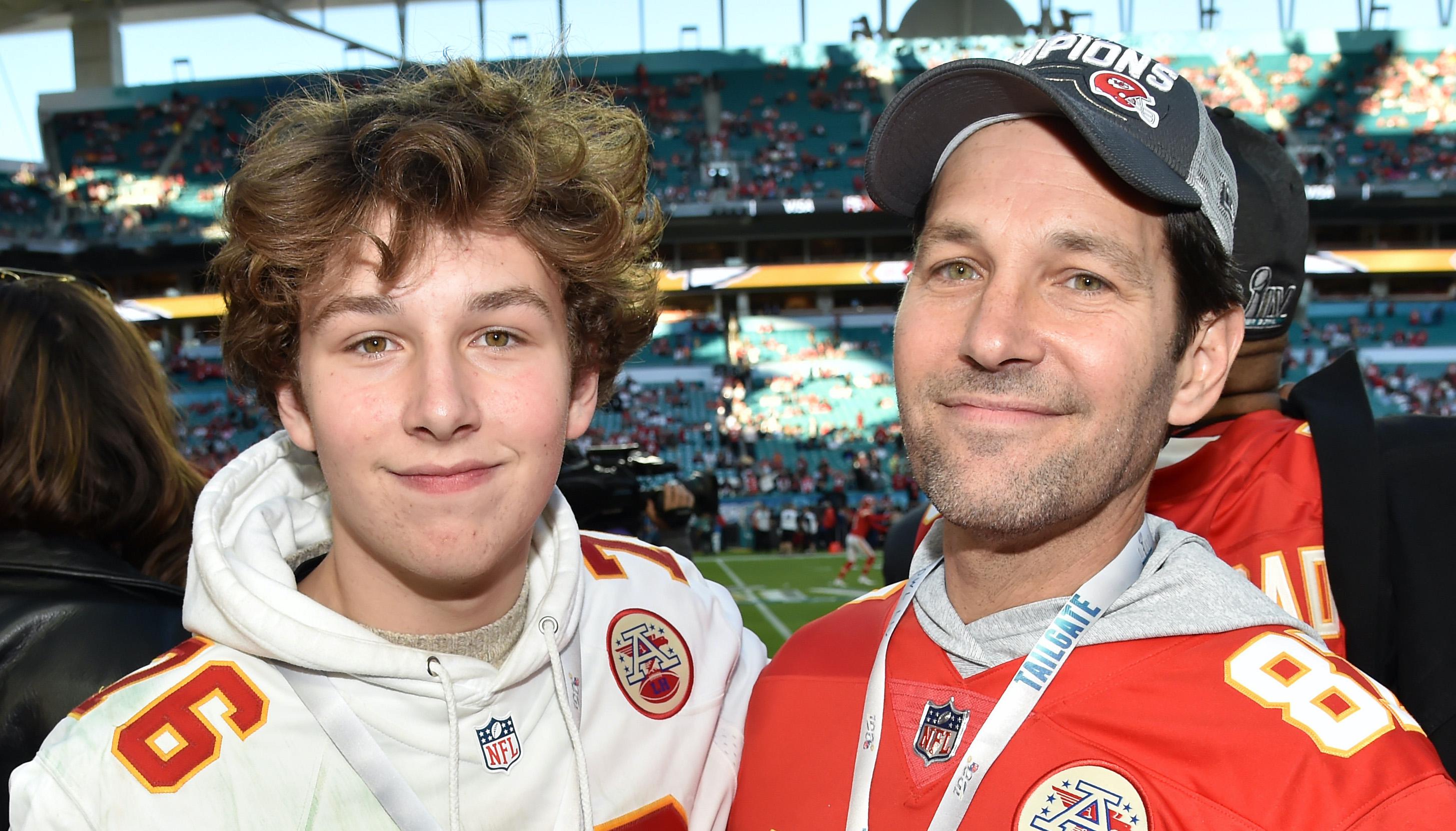 Jack Sullivan Rudd and father Paul Rudd attend a Kansas City Chiefs football game.