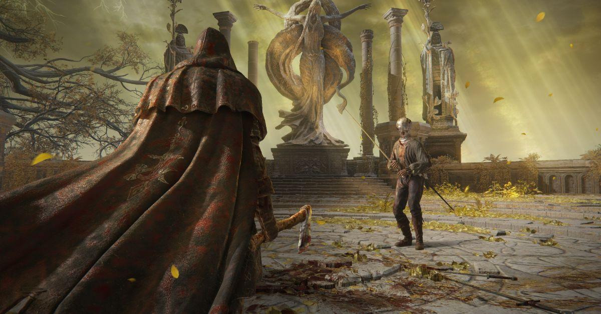 Two characters preparing for a duel in Elden Ring.