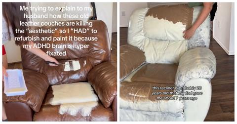 A woman painted her leather chair a new color.