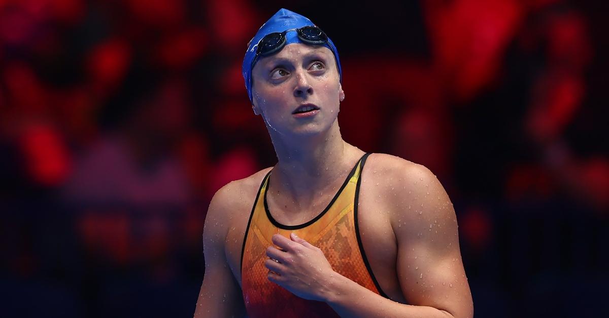 Katie Ledecky of the United States looks on after the Women's 400m freestyle final on Day One of the 2024 U.S. Olympic Team Swimming Trials at Lucas Oil Stadium on June 15, 2024 in Indianapolis, Indiana. (Photo by Maddie Meyer/Getty Images)