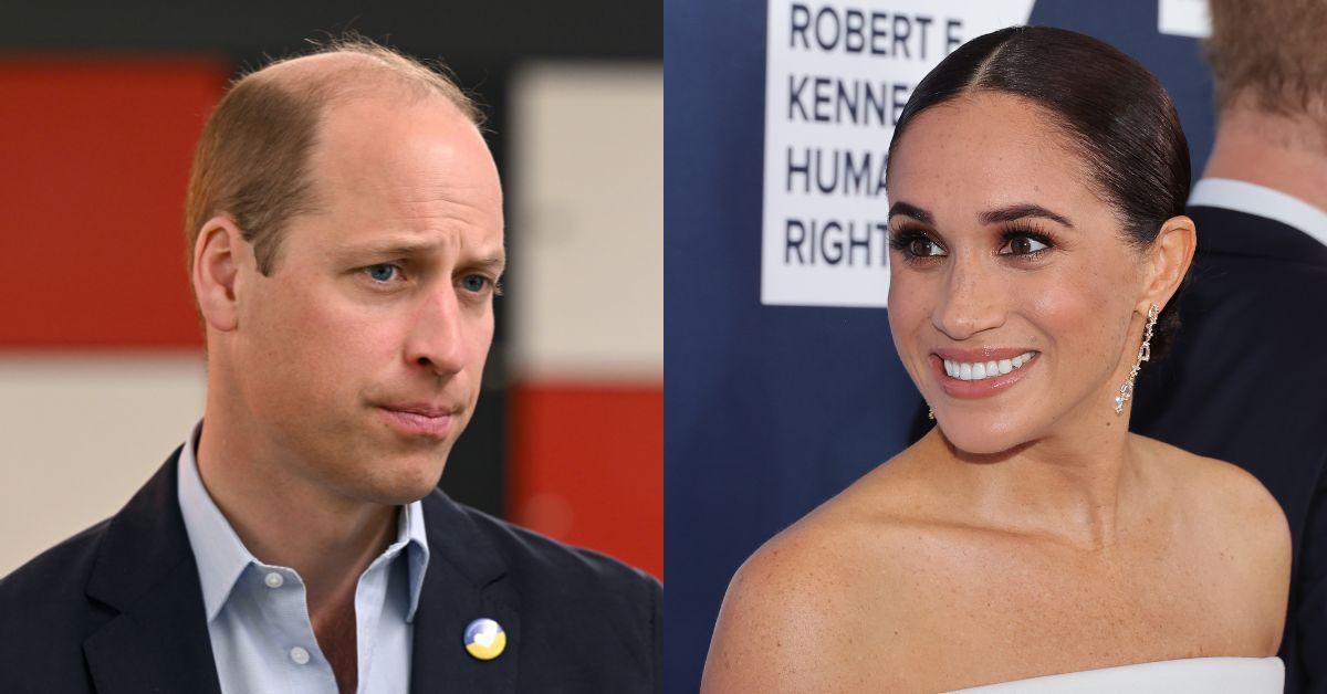 Prince William at the London DEC in 2022 and Meghan Markle at the Robert F. Kennedy Human Rights Ripple of Hope Gala in 2022