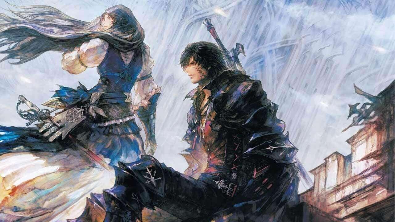 'Final Fantasy XVI' Art of Jill and Clive next to each other inside a city.