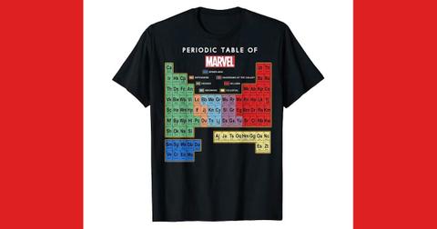 The Marvel periodic table of elements t-shirt.