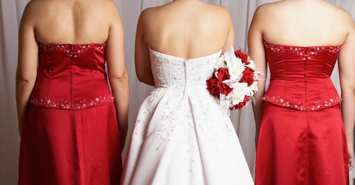 bridesmaids in red dresses with bride