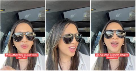 Viral video of company executive who said her COO made everyone take lunch at noon.