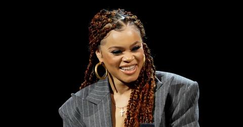 Andra Day speaks onstage during the Super Bowl LVIII Pregame & Apple Music Super Bowl LVIII Halftime Show Press Conference at the Mandalay Bay Convention Center on Feb. 8, 2024 in Las Vegas