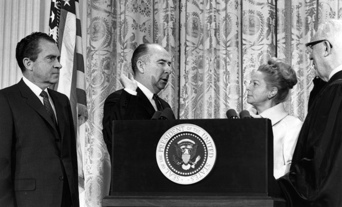 American politician and former attorney-general John Mitchell, one of Richard Nixon's top aides, is sworn in at the Senate