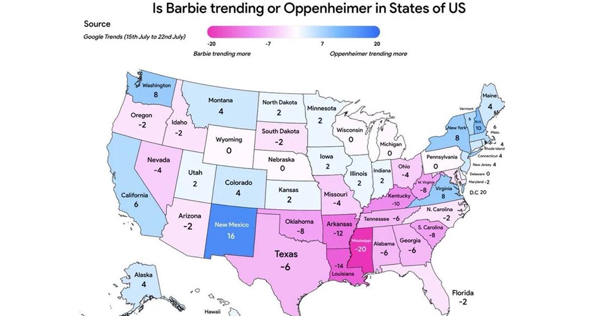 Map of 'Barbie' vs. 'Oppenheimer'