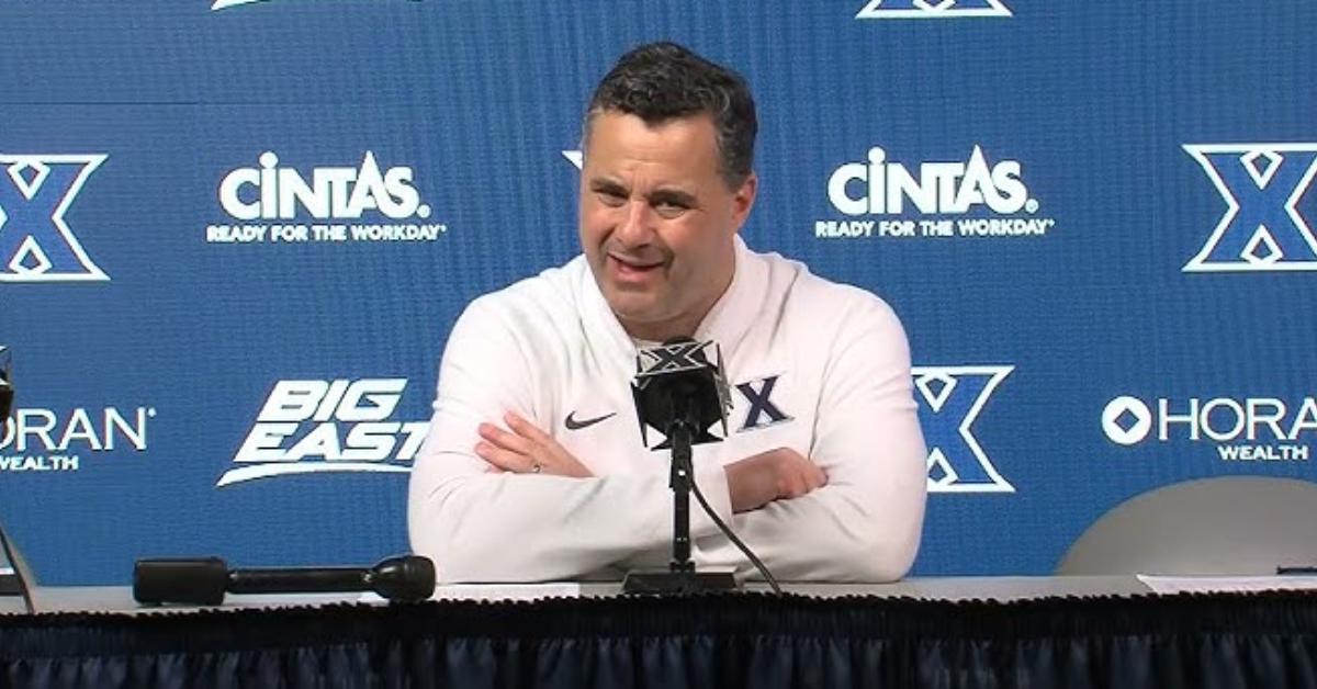 Sean Miller during a February 2025 press conference at Xavier.