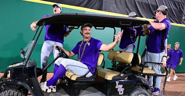 Paul Skenes on a golf cart with his LSU teammates.