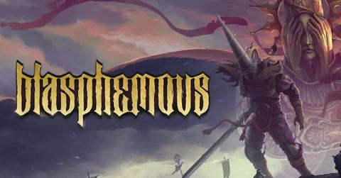 'Blasphemous' Key art showing the Penitent One standing with a sword.