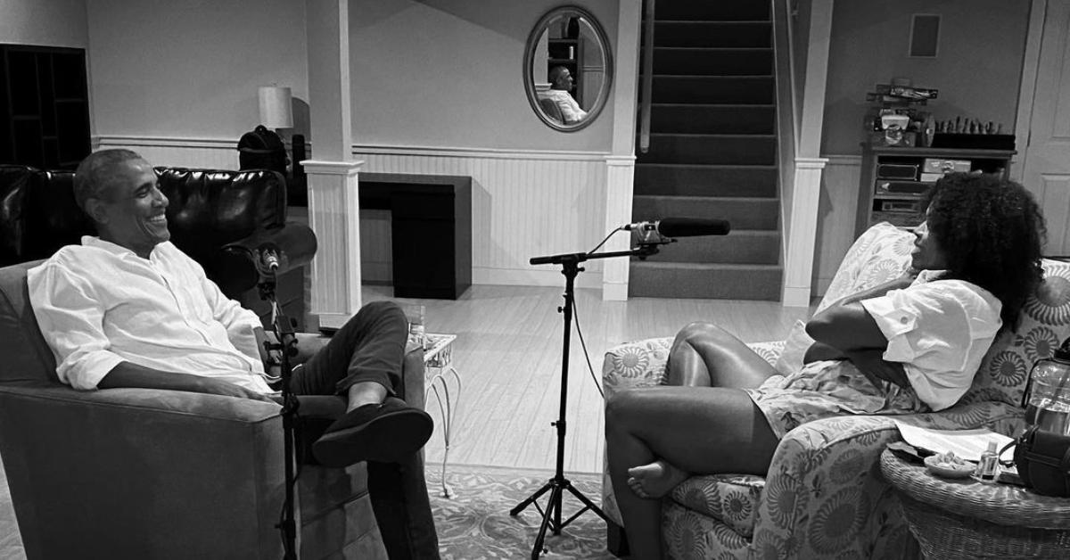 (l-r): Barack and Michelle Obama recording their podcast in one of their homes