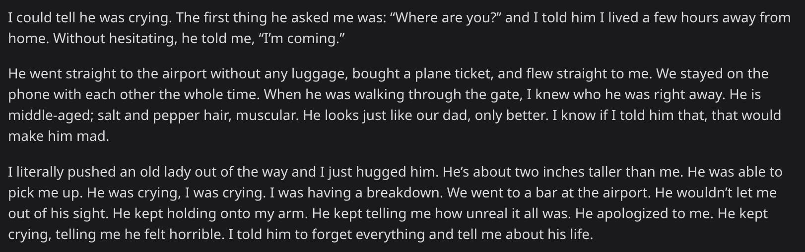 Redditor u/throwaway4620048486 details he and his brother's long-awaited reunion at an airport.