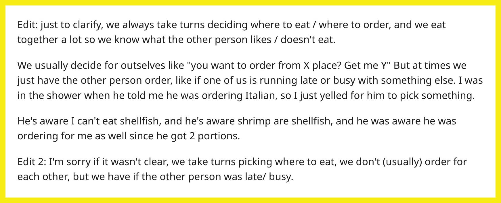 Redditor u/ilikefood098 revealed that her boyfriend knows she's allergic to shellfish, yet he ordered shrimp scampi for them.