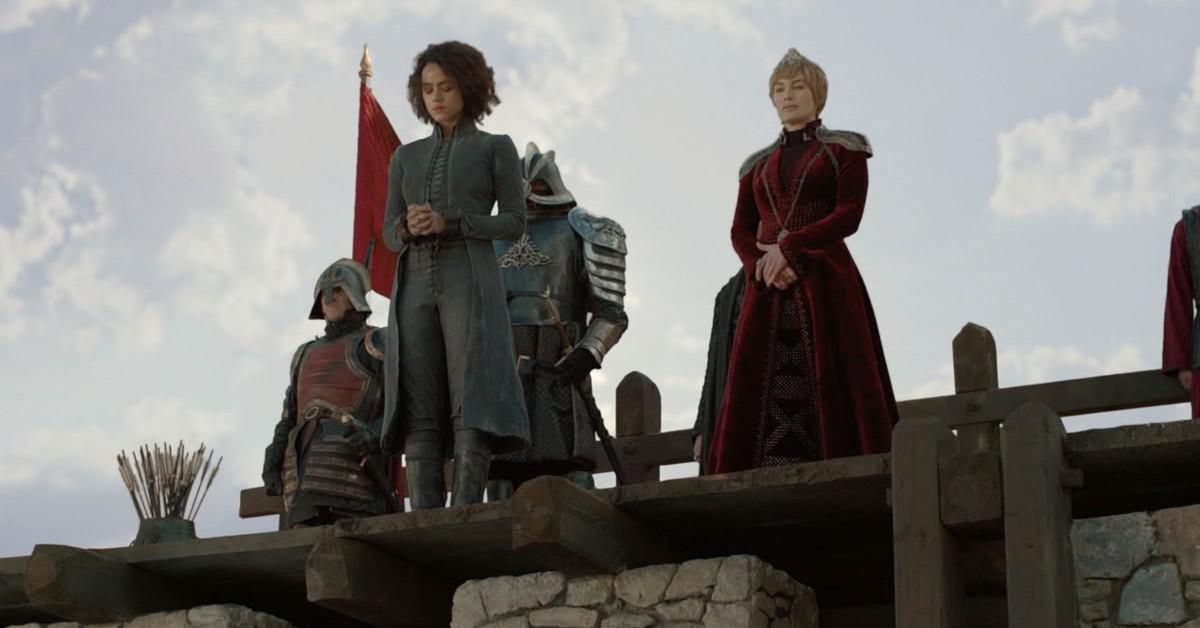 Ser Gregor Clegane (Hafþór Júlíus Björnsson), Missandei (Nathalie Emmanuel) and Cersei (Lena Headey 