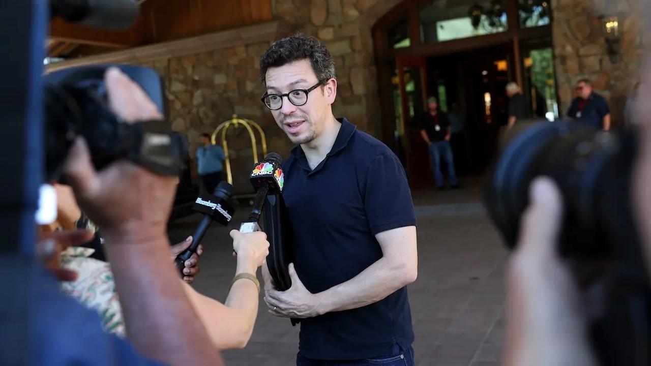 Luis von Ahn talks to the media at the Sun Valley Lodge for the Allen & Company Sun Valley Conference on July 11, 2023