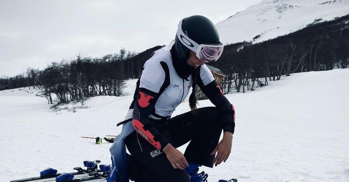 Matilde Lorenzi prepping to ski outside