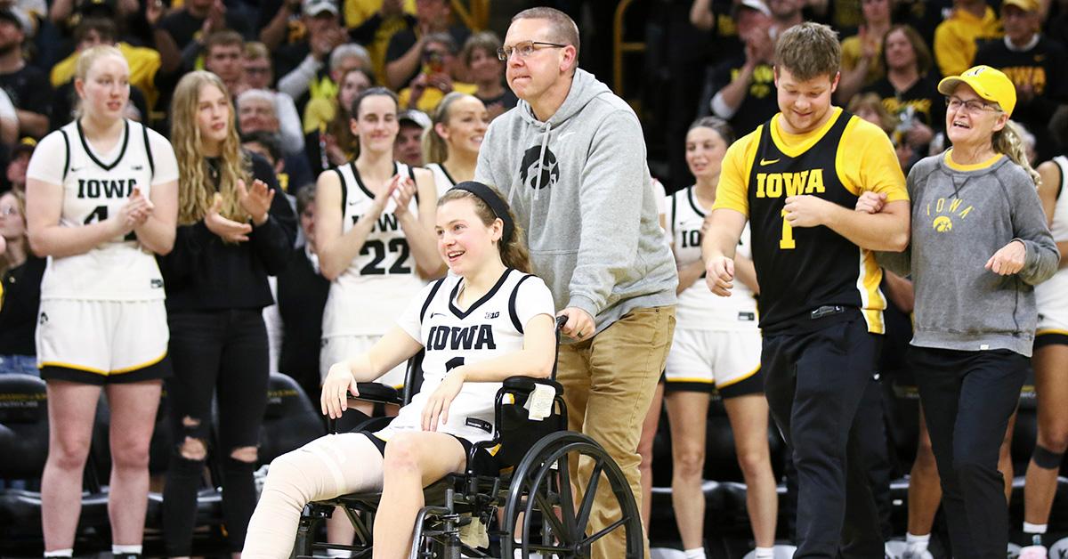 Molly Davis in a wheelchair following her right knee injury. 