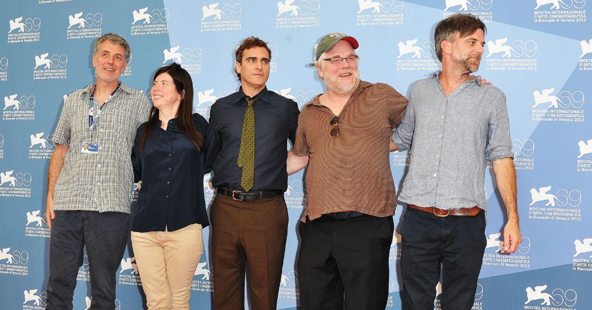 Daniel Lupi, JoAnne Sellar, Joaquin Phoenix, Philip Seymour Hoffman, and Paul Thomas Anderson at Venice International Film Festival in 2012.
