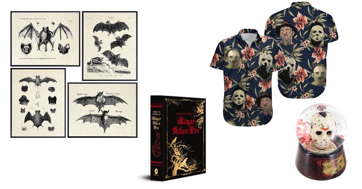 Bat wall art, edgar allen poe book, horror hawaiian shirt, jason snowglobe