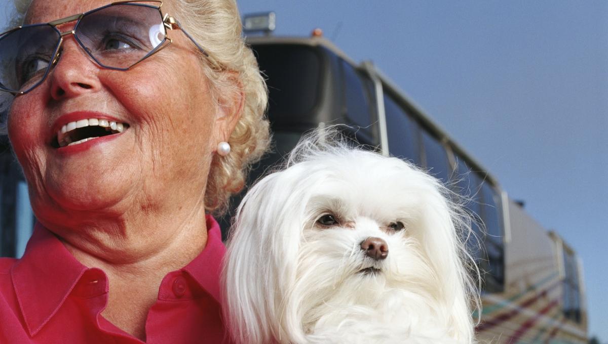 Senior woman holding Maltese dog, smiling