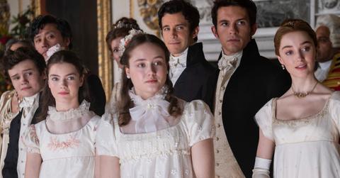 (L to R) Will Tilston as Gregory Bridgerton, Florence Emilia Hunt as Hyacinth Bridgerton, Ruby Stokes as Francesca Bridgerton, Luke Thompson as Benedict Bridgerton, Jonathan Bailey as Anthony Bridgerton, Phoebe Dyvenor as Daphne Basset