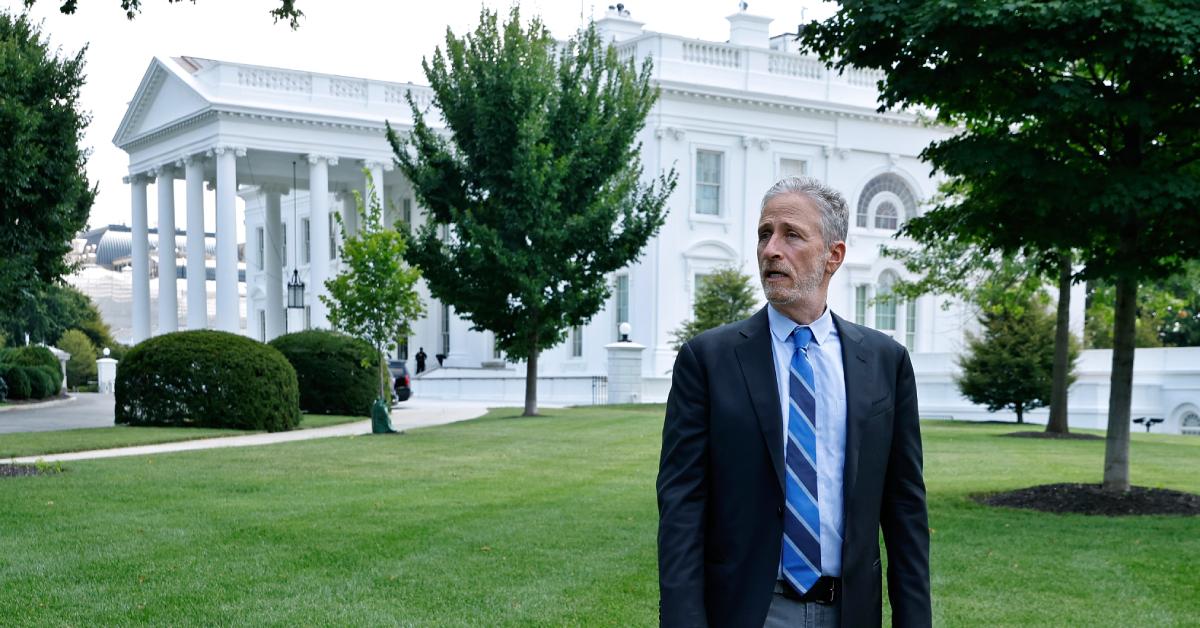 Jon Stewart stands on the North Lawn of the White House