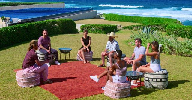 (L-R) Brooke Baldwin, Gaspare Randazzo, Lindsey Anderson, Brian Firebaugh, Tolú Ekundare, Jacob Chocolous, and Julie Theis in Season 1 of 'The Trust.'