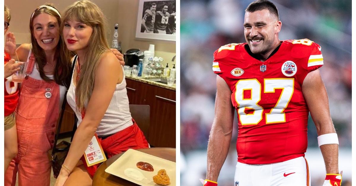 (L-R): Taylor Swift at a Kansas City Chiefs game; Travis Kelce