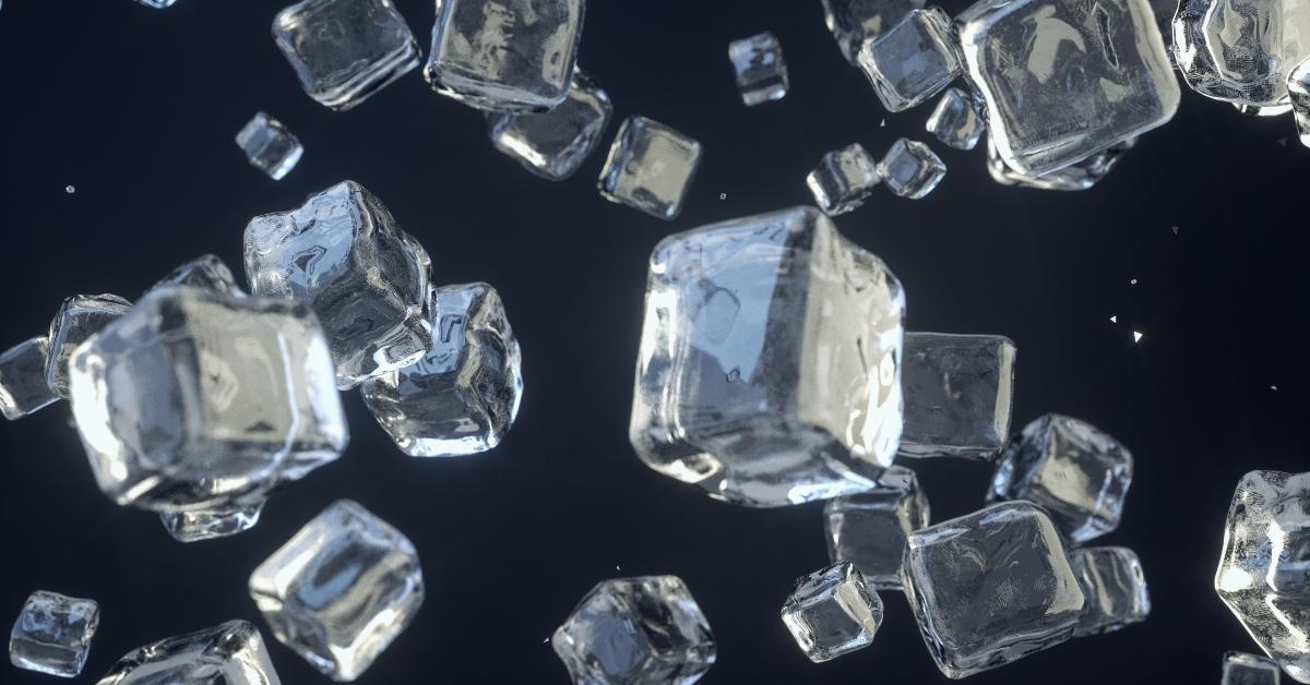 ice cubes falling. Ice crystals. Sugar crystals. Glass blocks. 3D Render.