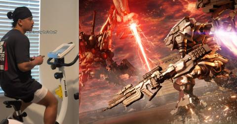 A person on an exercise bike next to an image of Armored Core 6.