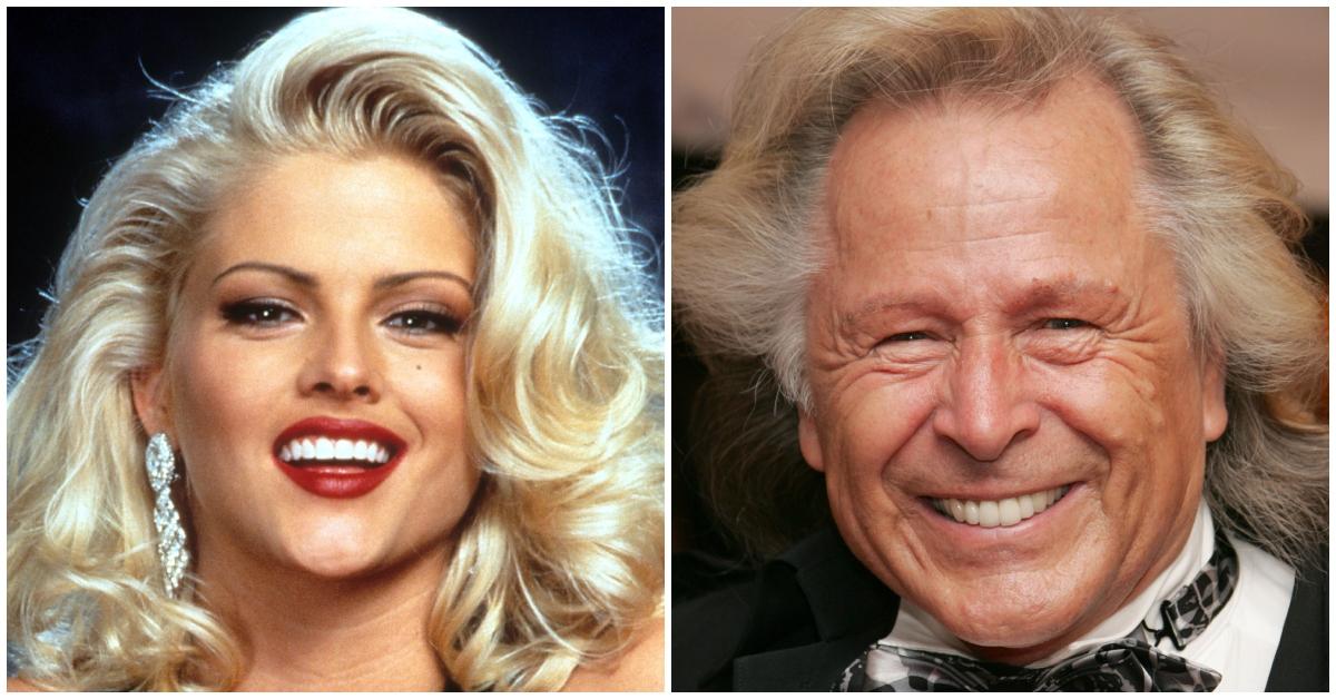 Anna Nicole Smith wearing red lipstick and silver earrings and Peter Nygard in a black suit