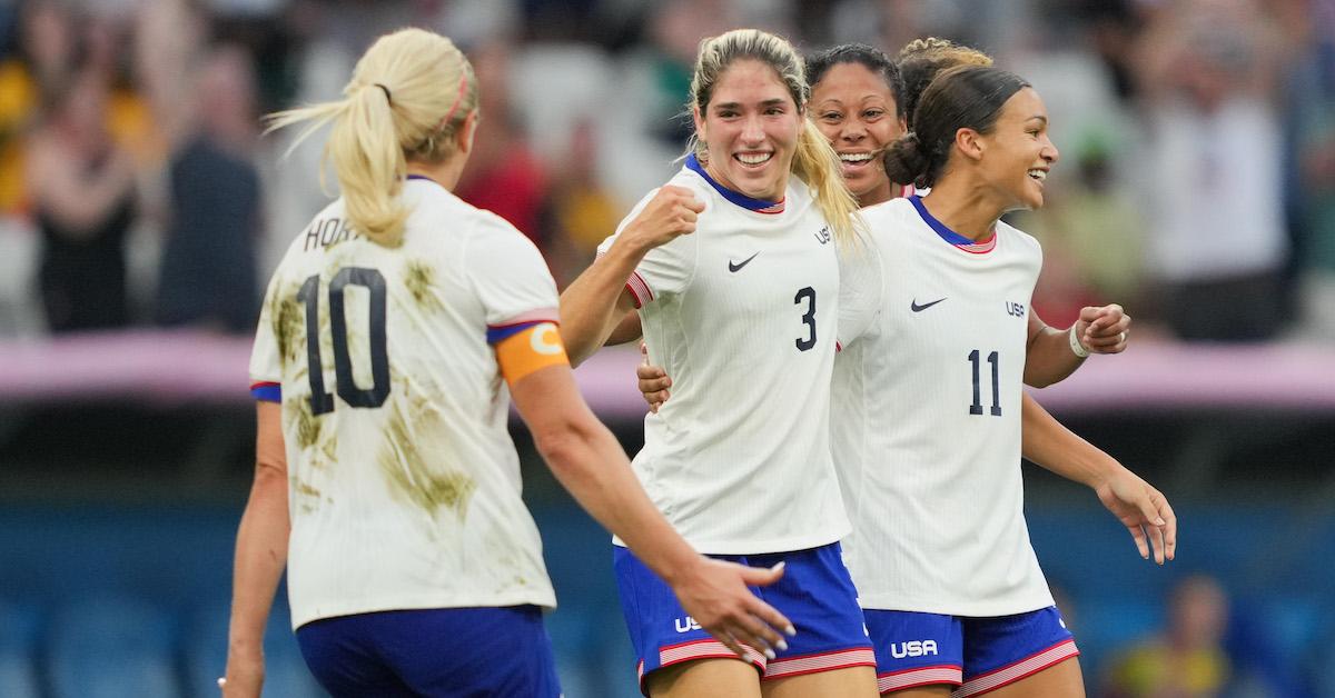 Korbin Albert #3 of the United States celebrates scoring with teammates during the second half against Australia during the Women's group B match during the Olympic Games Paris 2024 at Stade de Marseille on July 31, 2024 in Marseille, France