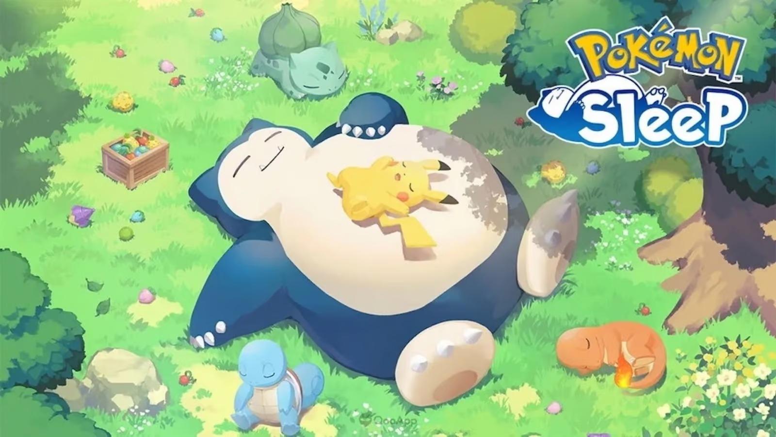 Snorlax and Pikachu sleeping in a forest with the Pokémon Sleep logo off to the side.