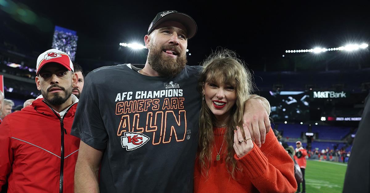 Travis Kelce and Taylor Swift following the AFC Championship Game. 