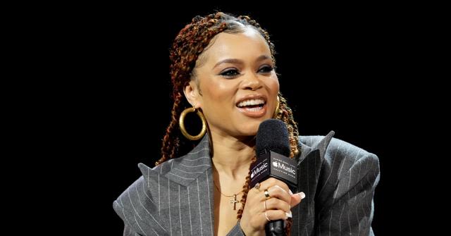 Andra Day speaks onstage during the Super Bowl LVIII Pregame & Apple Music Super Bowl LVIII Halftime Show Press Conference at the Mandalay Bay Convention Center on February 08, 2024 in Las Vegas, Nevada. (Photo by Jeff Kravitz/FilmMagic)