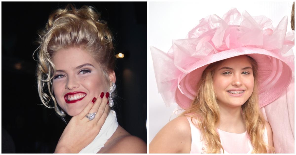 (l-r): Anna Nicole Smith and Dannielynn Birkhead wearing a pink hat