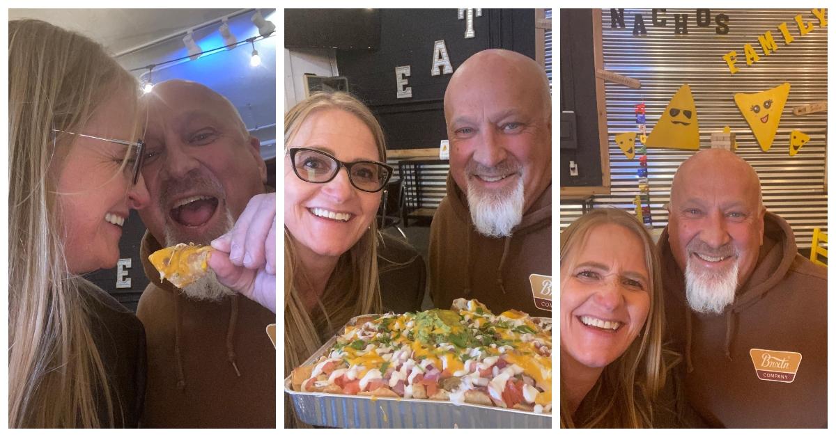 Christine Brown and David Woolley eating nachos