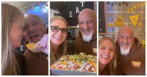 Christine Brown and David Woolley eating nachos