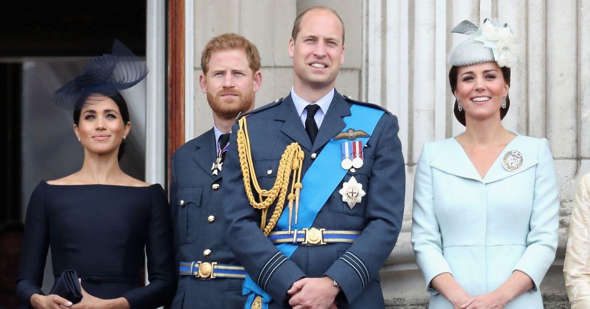 (l-r): Meghan Markle, Harry, Prince William, and Kate, Duchess of Cambridge posing together.