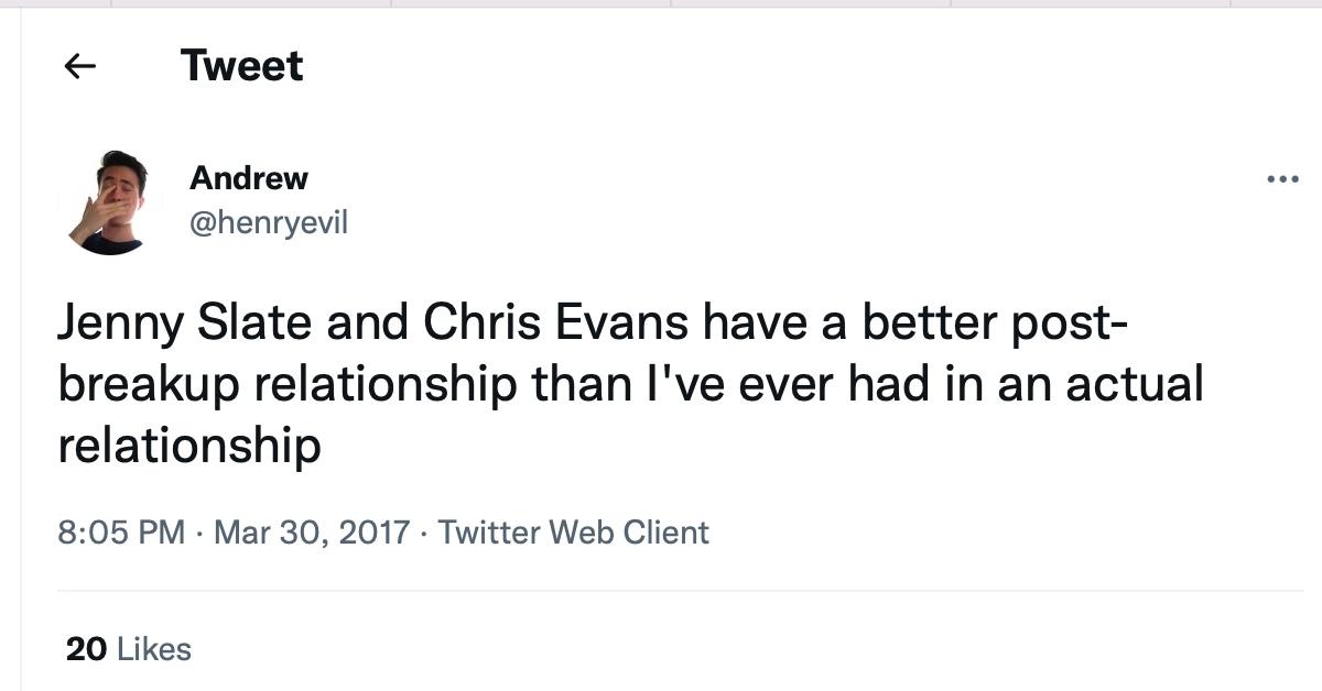 A tweet about Chris Evans's post-breakup relationship with Jenny Slate