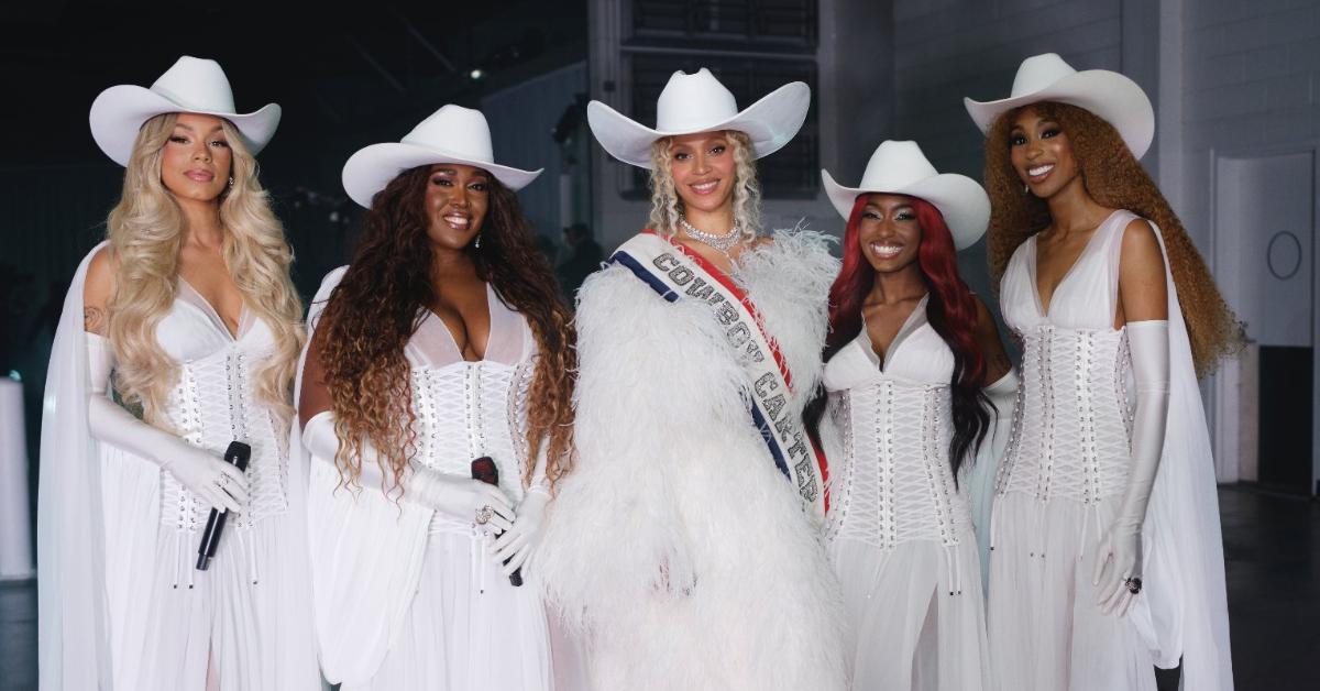 Beyoncé, Tanner Adell, Brittney Spencer, Reyna Roberts, and Tiera Kennedy during Netflix's NFL halftime show.